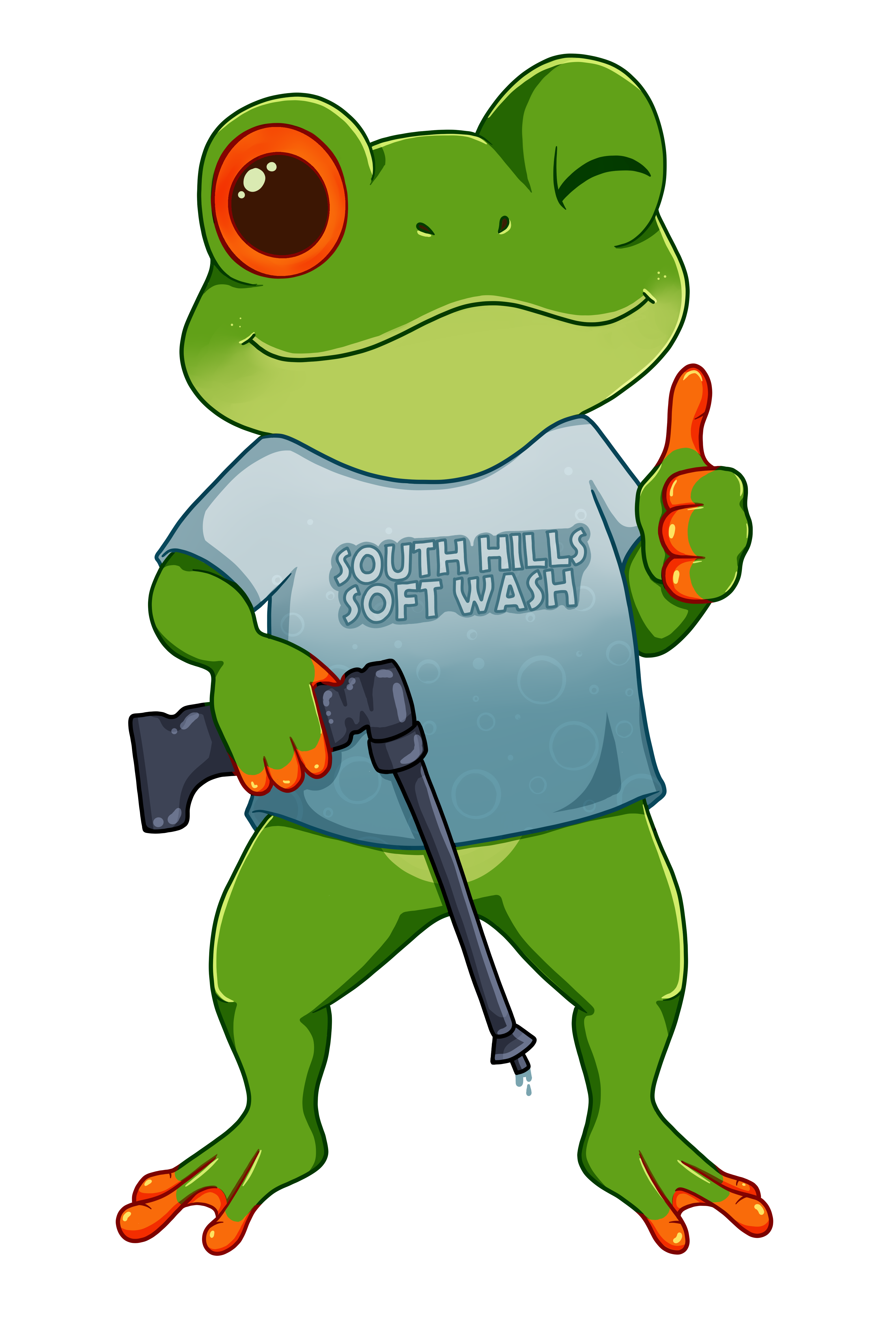 Scrubby, the South Hills Soft Wash red-eyed tree frog mascot